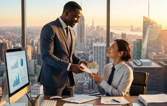 Décimo cuarto sueldo. Jefe entregando a la empleada.