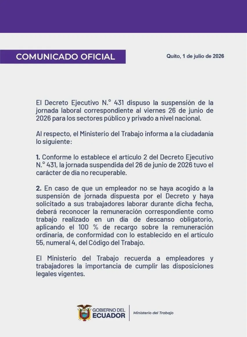 Comunicado oficial Ministerio de Trabajo con respecto al decreto 431